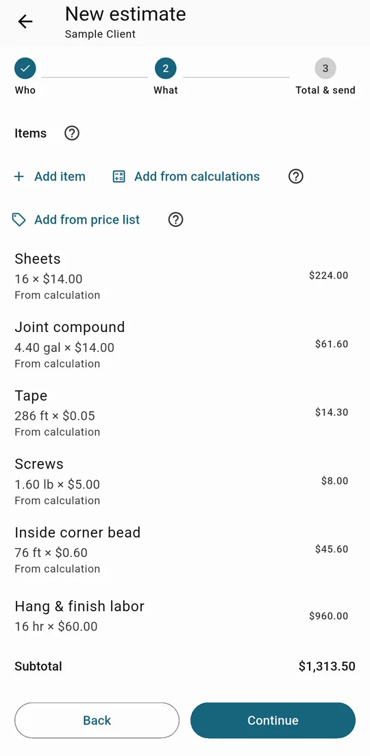 Estimate for Sample Client: five material lines from the Drywall calculator and labor from the price list, subtotal $1,313.50