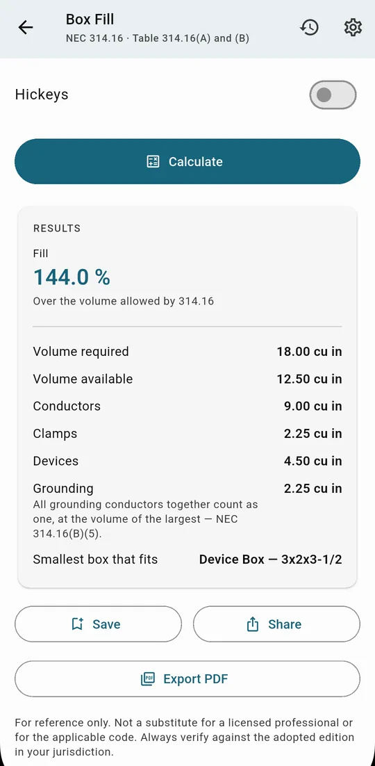 Box Fill result: 18.00 cu in required against 12.50 available, 144.0 % fill, smallest box that fits 3x2x3-1/2