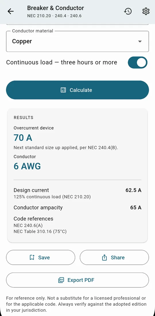 Breaker & Conductor result: 70 A overcurrent device, 6 AWG conductor, design current 62.5 A, conductor ampacity 65 A