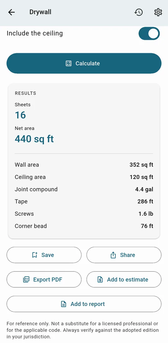 Drywall result: 440 sq ft net area, 16 sheets, 4.4 gal compound, 286 ft tape, 1.6 lb screws, 76 ft corner bead, for a 12 by 10 ft room