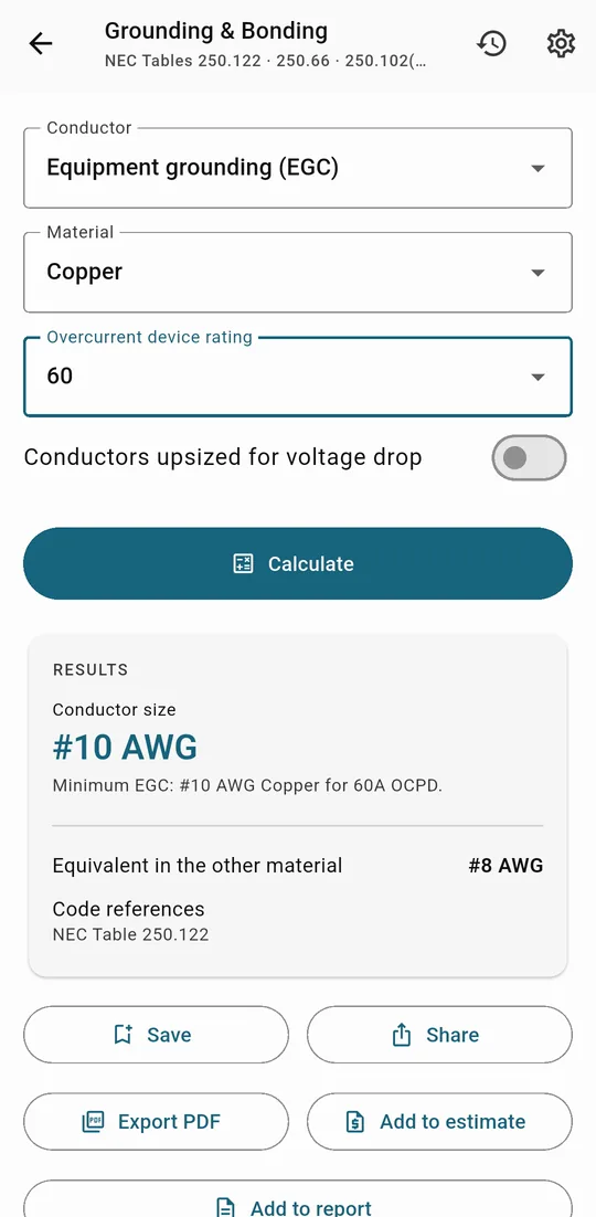 Grounding result: 10 AWG copper equipment grounding conductor, 8 AWG aluminum equivalent, for a 60 A overcurrent device