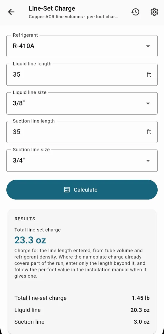 Line-Set Charge result: 23.3 oz total for 35 ft of 3/8 in liquid and 3/4 in suction line, R-410A