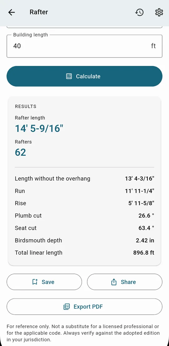 Rafter result: 14' 5-9/16" rafter length, 62 rafters, plumb cut 26.6°