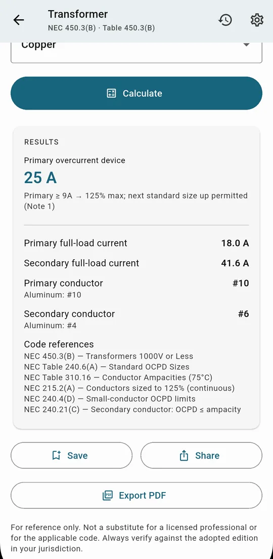 Transformer result: 25 A primary overcurrent device, 18.0 A primary and 41.6 A secondary full-load current, #10 primary and #6 secondary conductors